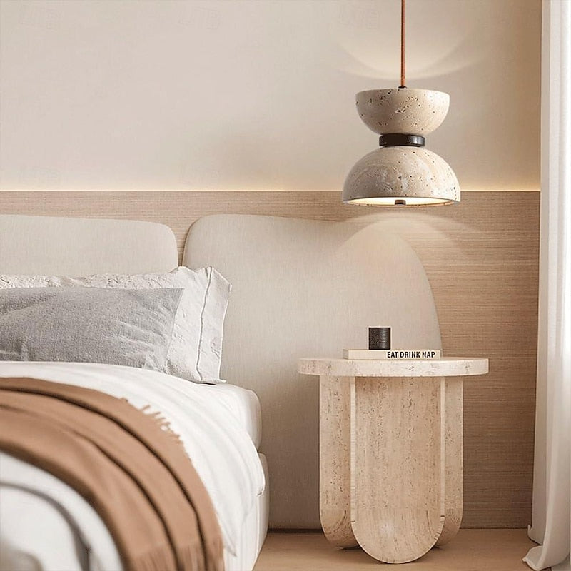 Japanese Style Double Bowl Travertine Pendant Light - view 3 | Liootrlamp