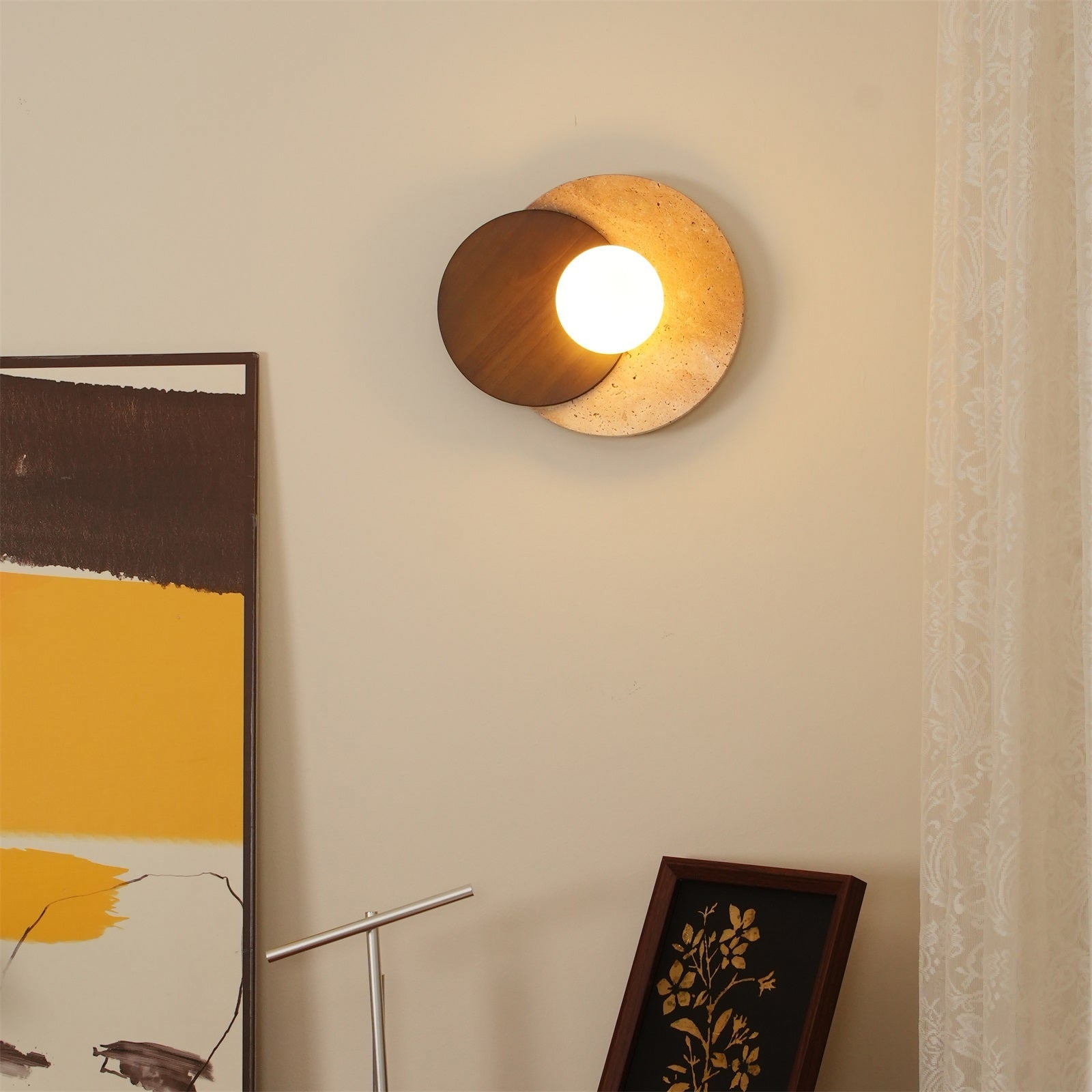 Partial Eclipse Wood & Stone Wall Light - view 2 | Liootrlamp