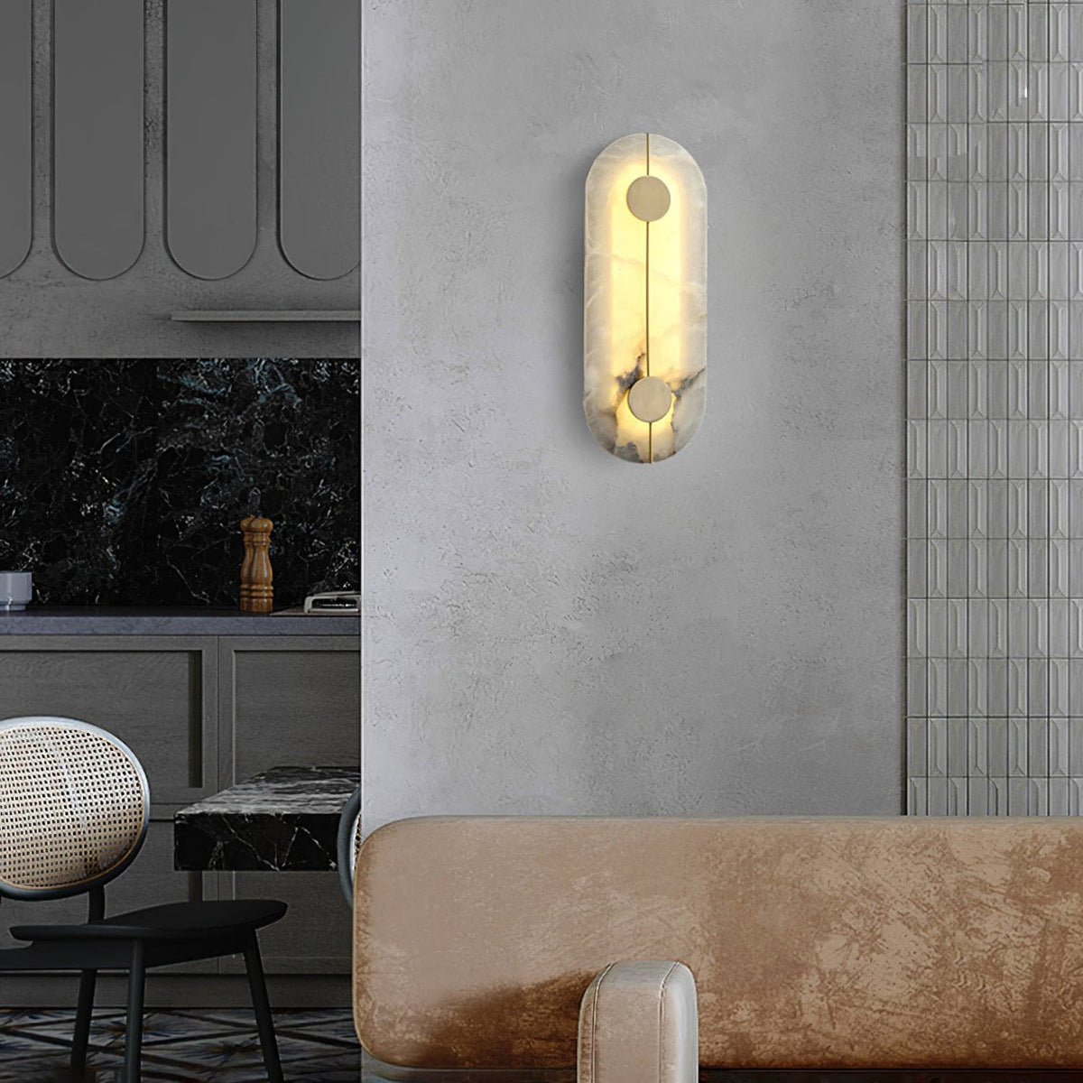 Oval Pill-Shaped Alabaster Wall Sconce - view 5 | Liootrlamp