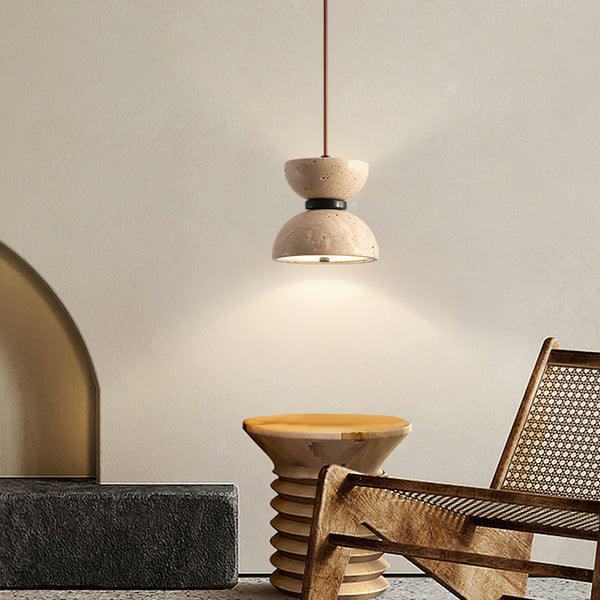 Japanese Style Double Bowl Travertine Pendant Light - view 4 | Liootrlamp