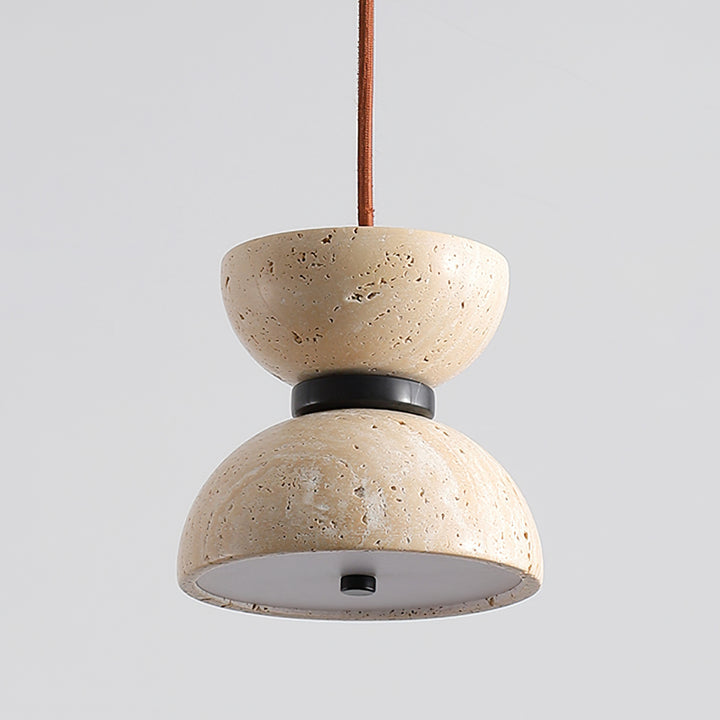 Japanese Style Double Bowl Travertine Pendant Light - view 12 | Liootrlamp