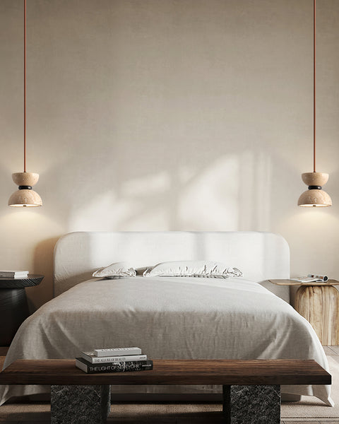 Japanese Style Double Bowl Travertine Pendant Light - view 9 | Liootrlamp