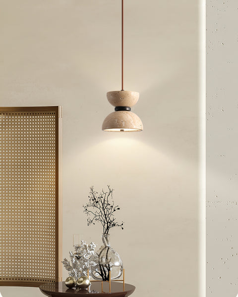 Japanese Style Double Bowl Travertine Pendant Light - view 5 | Liootrlamp