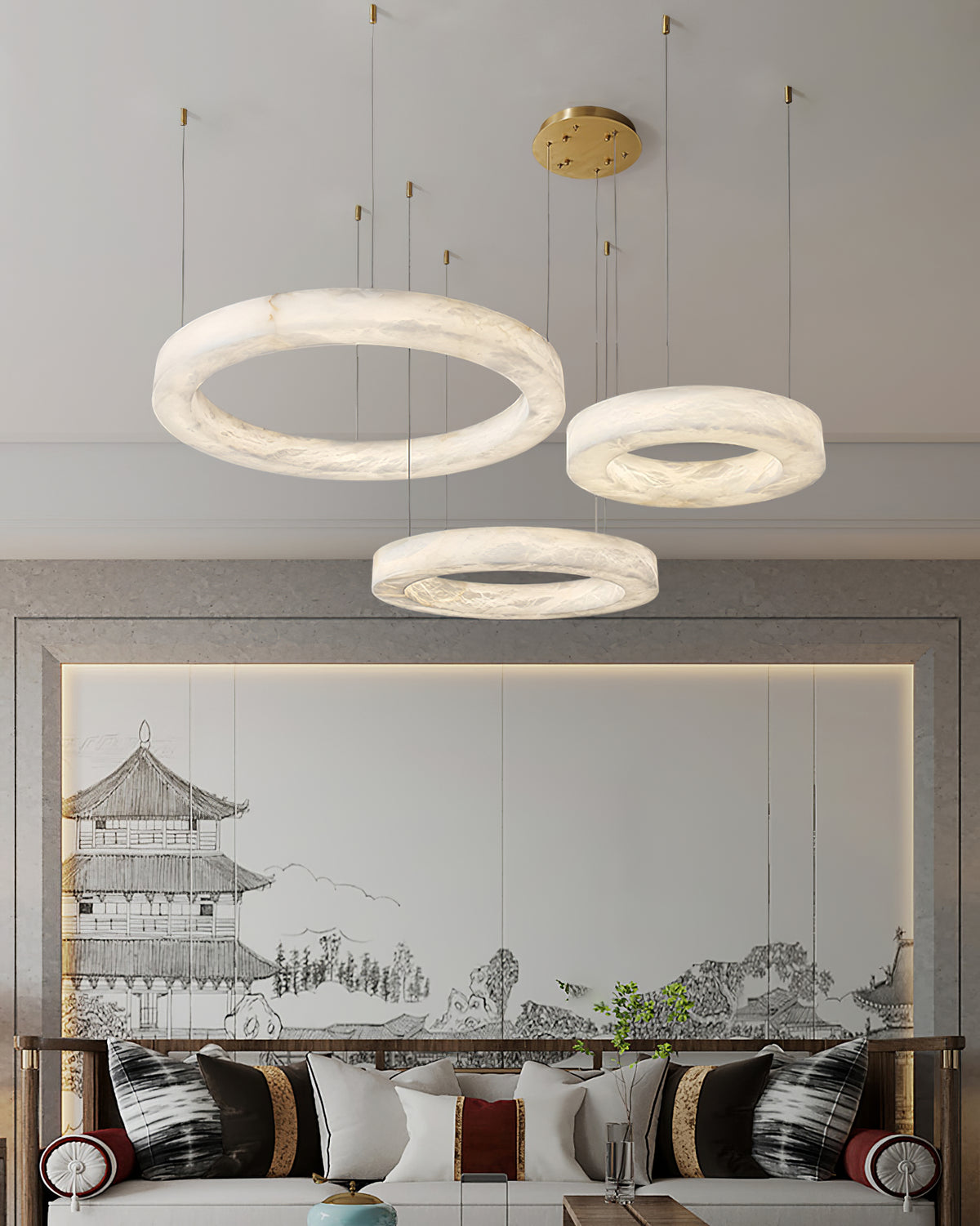 Triple Ring Alabaster Pendant Light - view 7 | Liootrlamp