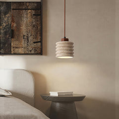 Rustic Travertine Cylinder Pendant with Wood Accent