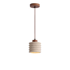 Rustic Travertine Cylinder Pendant with Wood Accent