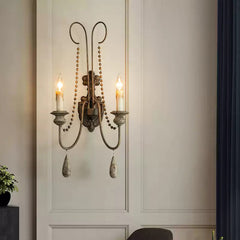 White Metal Wall Sconce with Wood Backplate and 2 Bulbs
