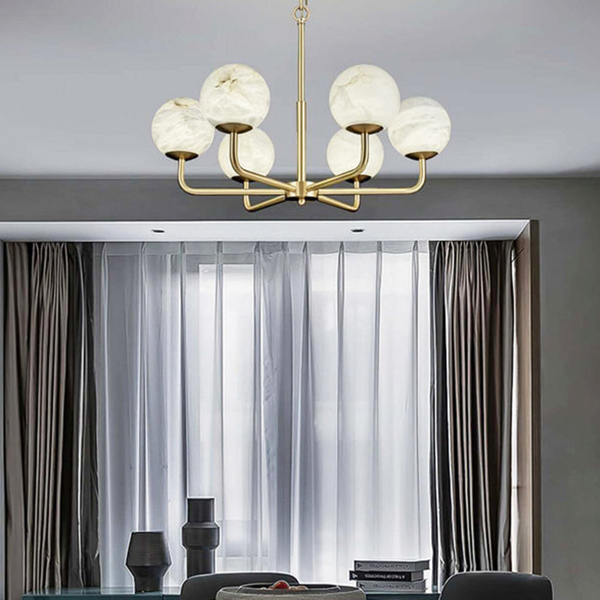Round Alabaster Brass Chandelier - view 10 | Liootrlamp