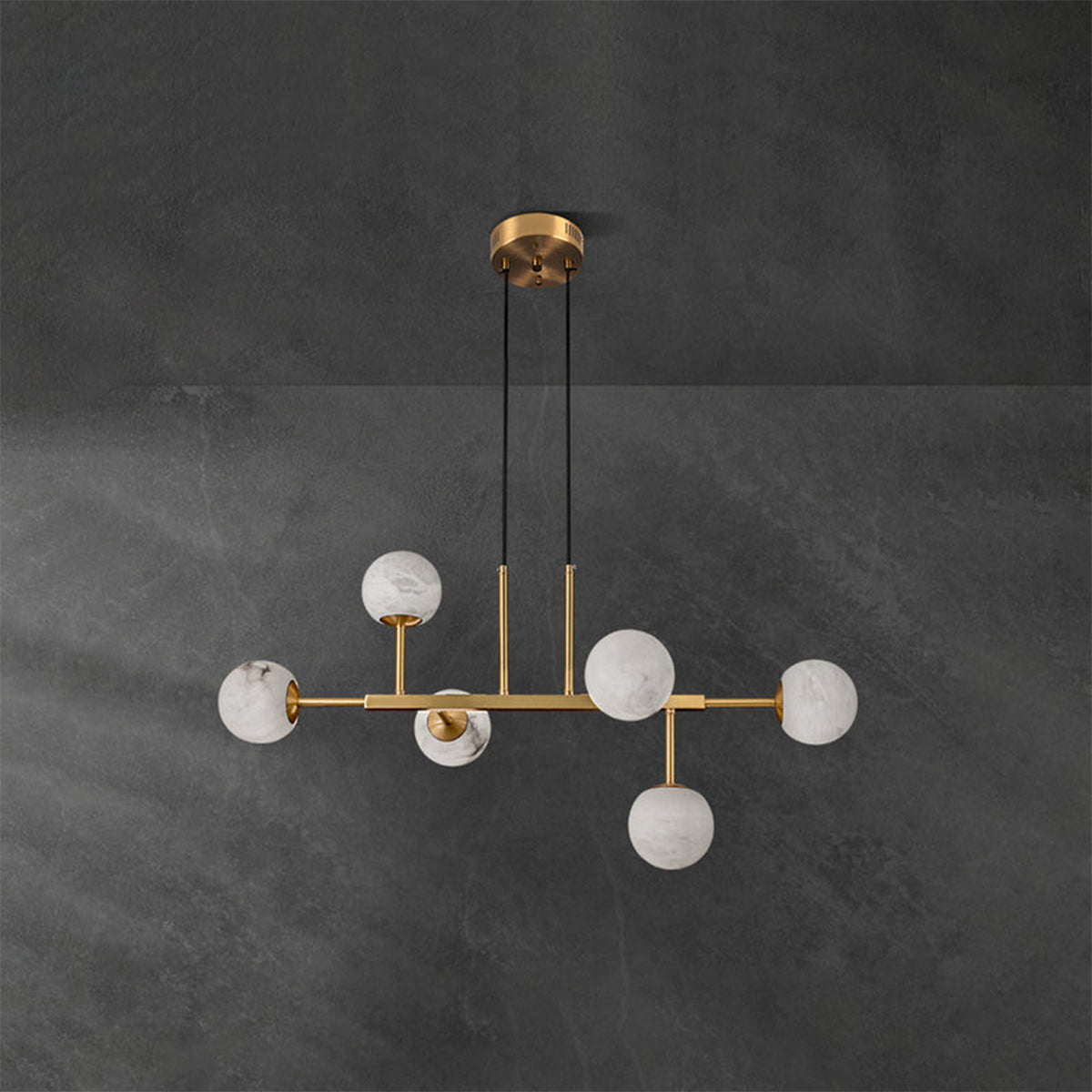 Brass Linear Alabaster Globe Chandelier - view 10 | Liootrlamp