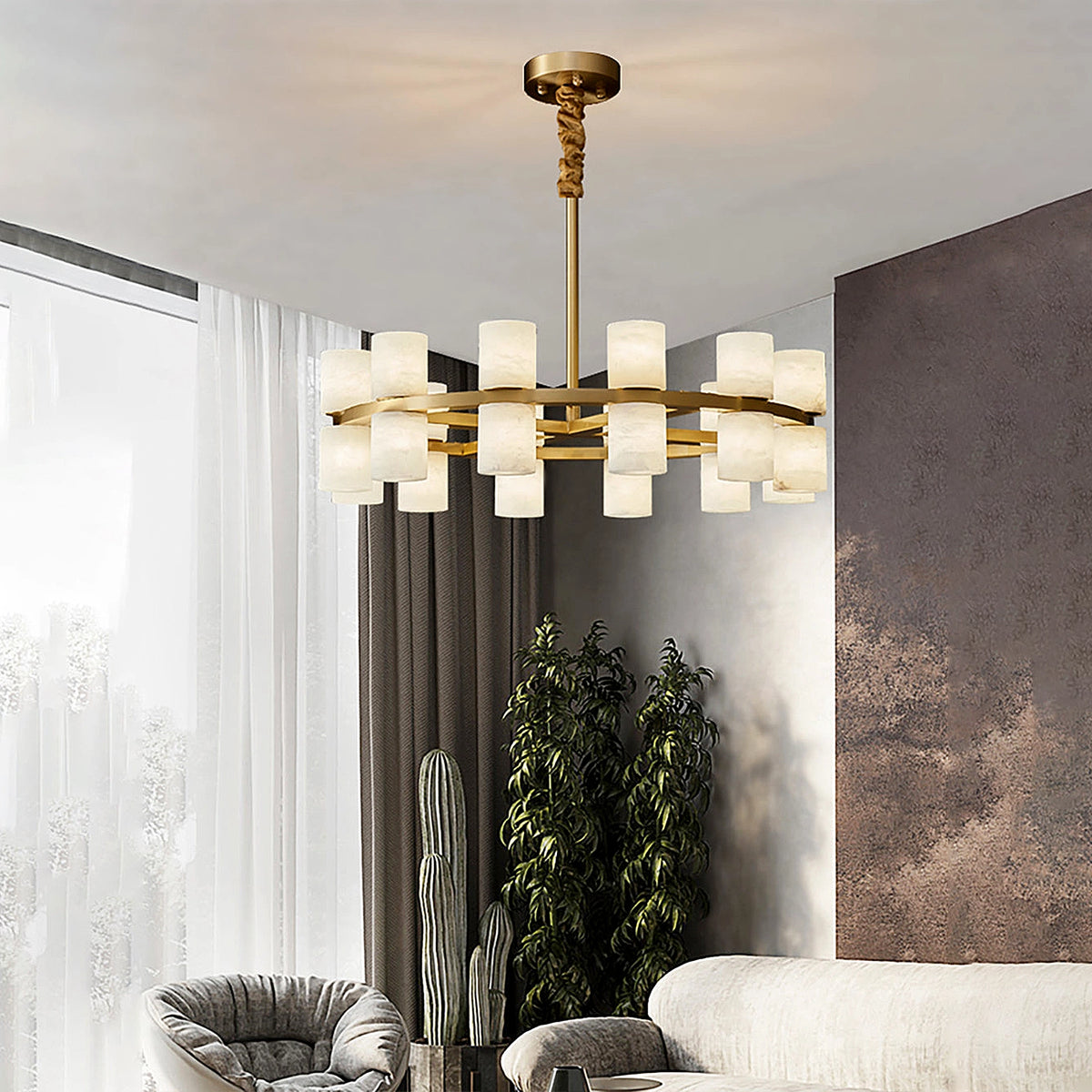 Alabaster Round Brass Chandelier - view 2 | Liootrlamp