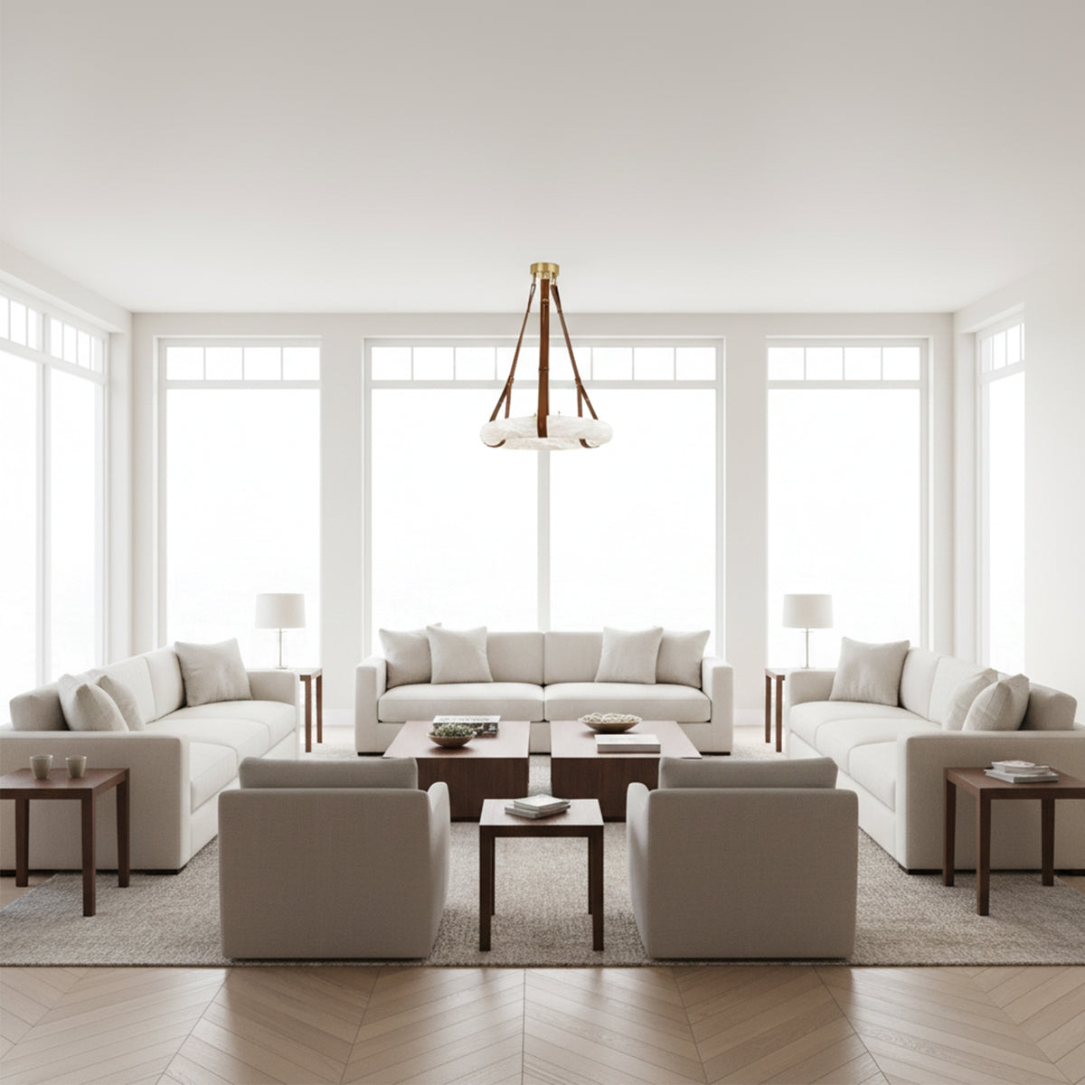 Leather Strap Alabaster Dome Pendant Light