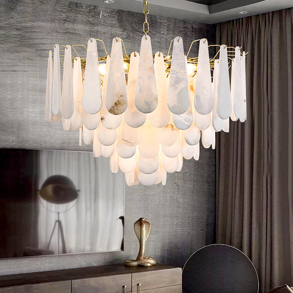 Leon Drop Shape Alabaster Chandelier - view 9 | Liootrlamp