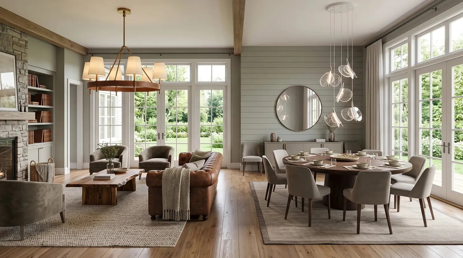 Open-concept living and dining room with chandeliers