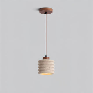 Rustic Travertine Cylinder Pendant with Wood Accent