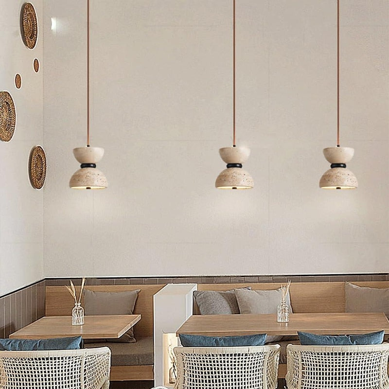 Japanese Style Double Bowl Travertine Pendant Light - view 6 | Liootrlamp