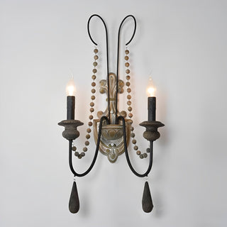 White Metal Wall Sconce with Wood Backplate and 2 Bulbs