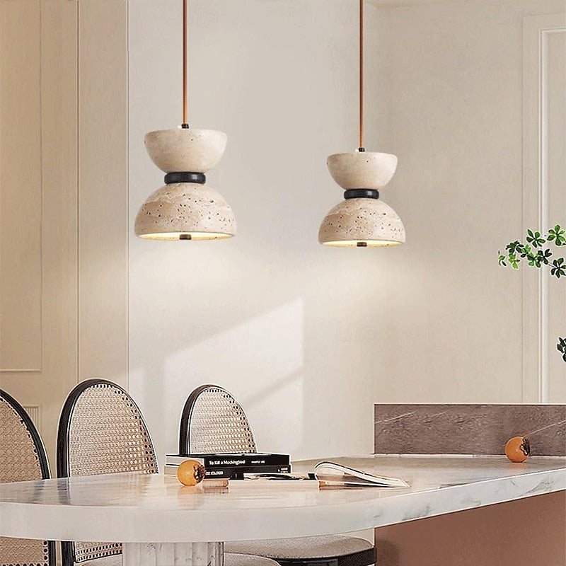 Japanese Style Double Bowl Travertine Pendant Light - view 7 | Liootrlamp