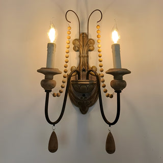 White Metal Wall Sconce with Wood Backplate and 2 Bulbs