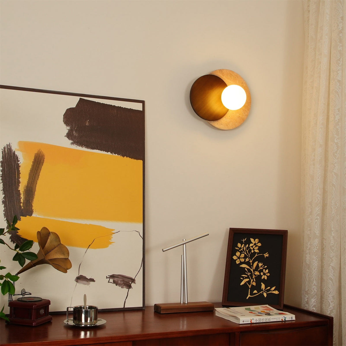 Partial Eclipse Wood & Stone Wall Light - view 3 | Liootrlamp