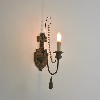 White Metal Wall Sconce with Wood Backplate and 2 Bulbs