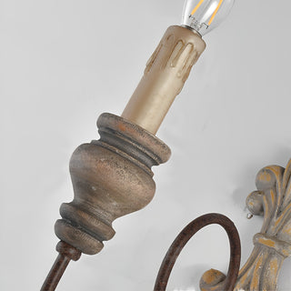 White Metal Wall Sconce with Wood Backplate and 2 Bulbs