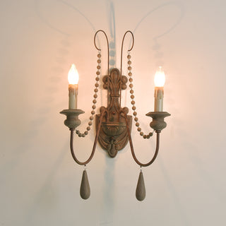 White Metal Wall Sconce with Wood Backplate and 2 Bulbs