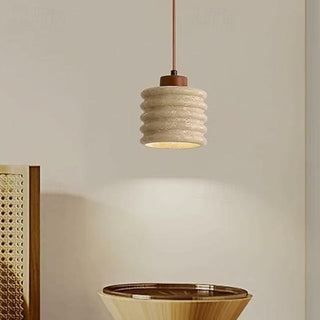 Rustic Travertine Cylinder Pendant with Wood Accent