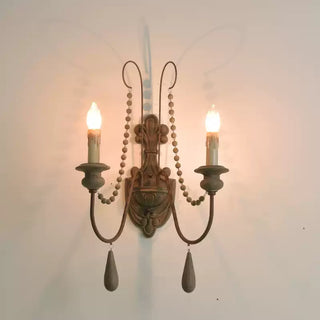 White Metal Wall Sconce with Wood Backplate and 2 Bulbs