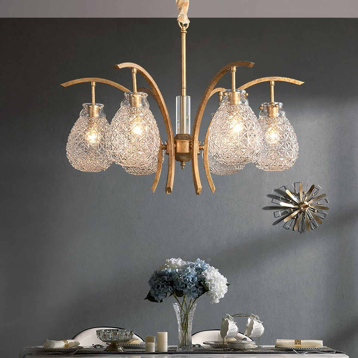 Golden floral glass chandelier - view 2 | Liootrlamp