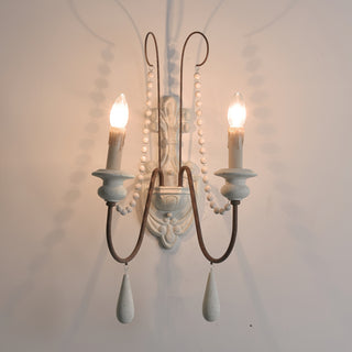 White Metal Wall Sconce with Wood Backplate and 2 Bulbs