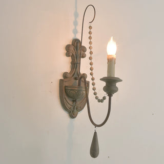 White Metal Wall Sconce with Wood Backplate and 2 Bulbs