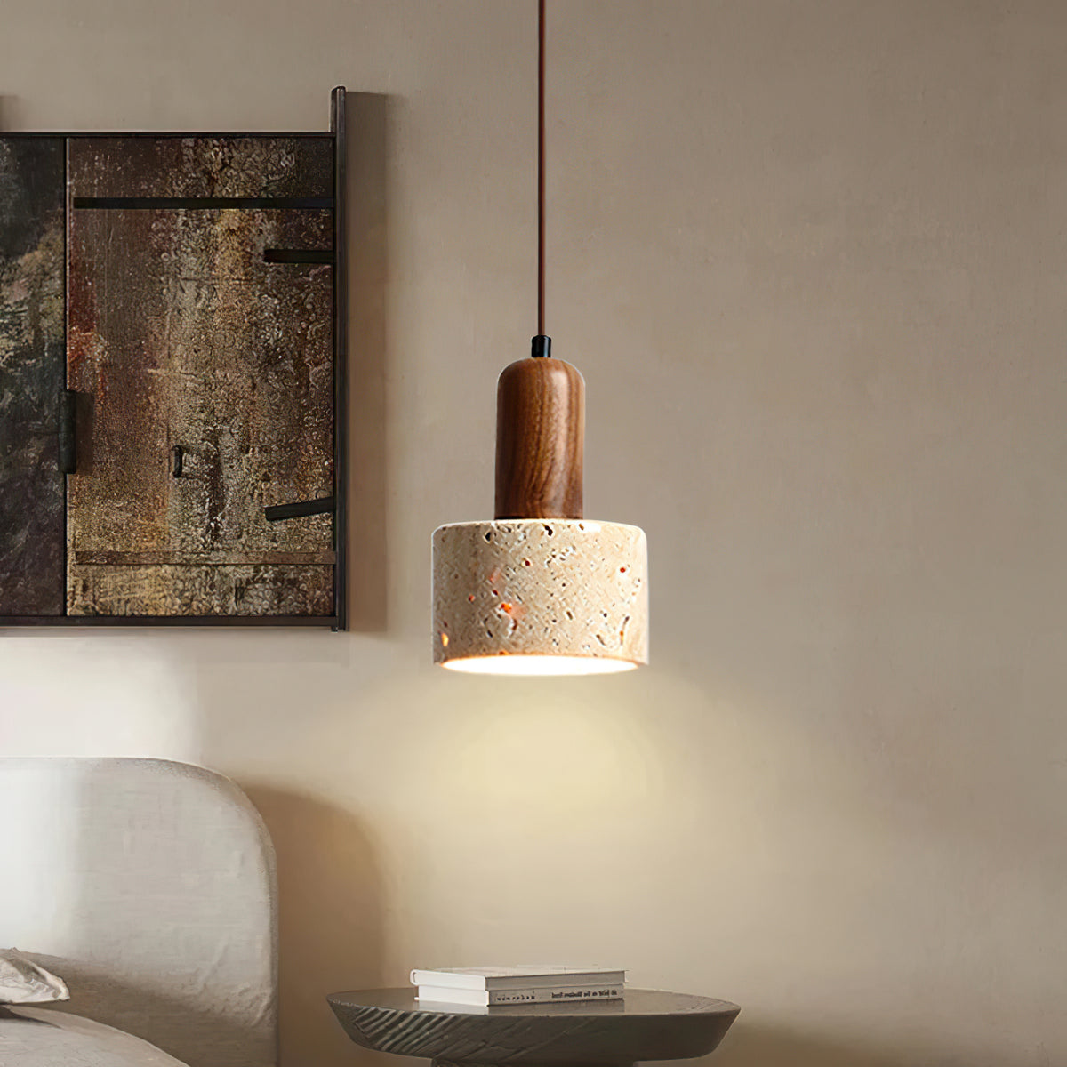 Natural Travertine Cylinder Pendant Light - view 6 | Liootrlamp