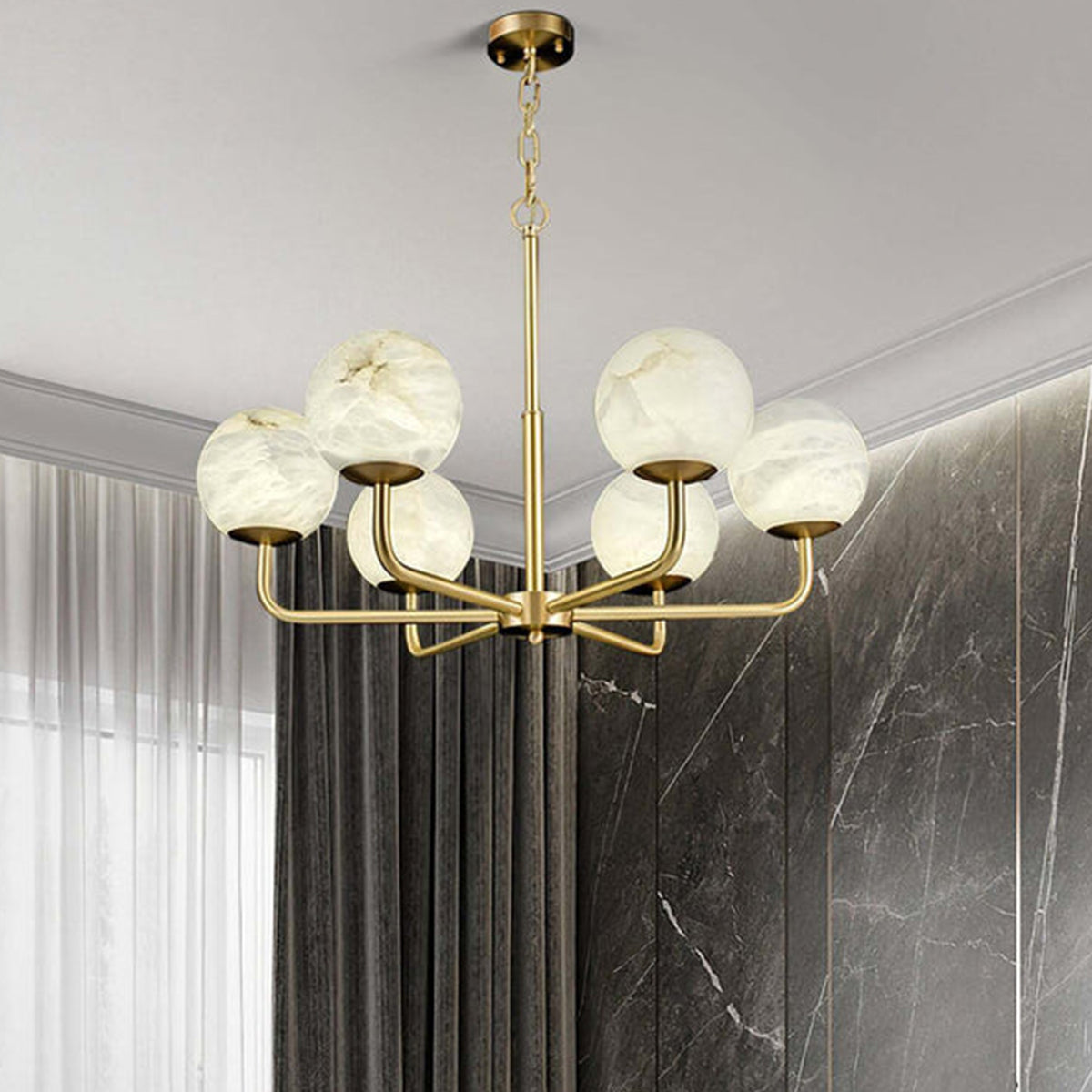Round Alabaster Brass Chandelier - view 4 | Liootrlamp