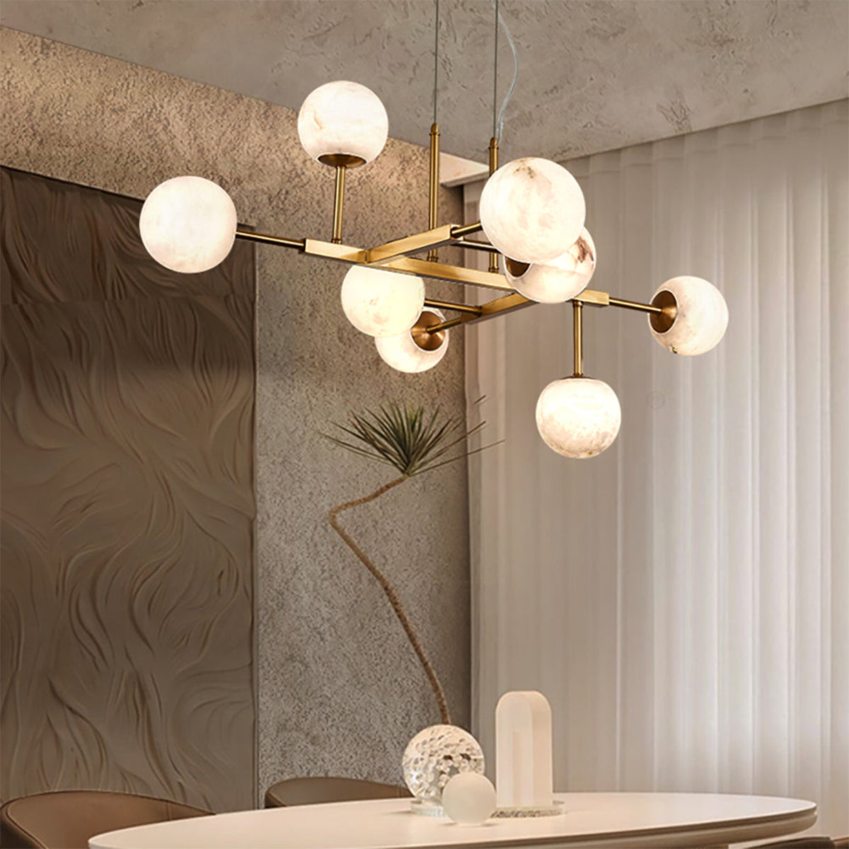 Brass Linear Alabaster Globe Chandelier - view 7 | Liootrlamp