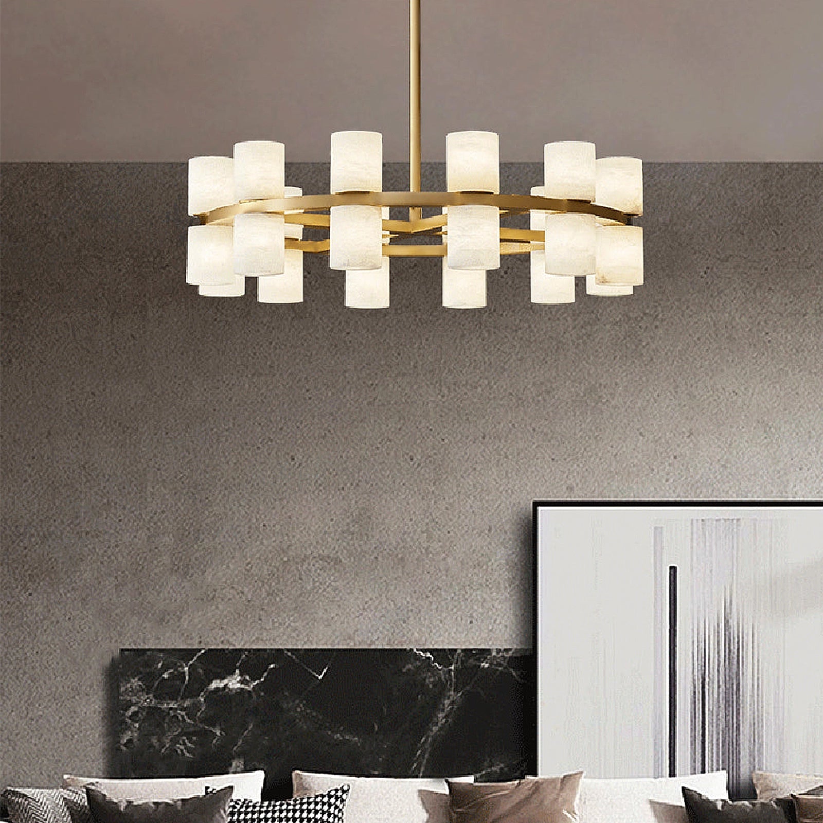 Alabaster Round Brass Chandelier