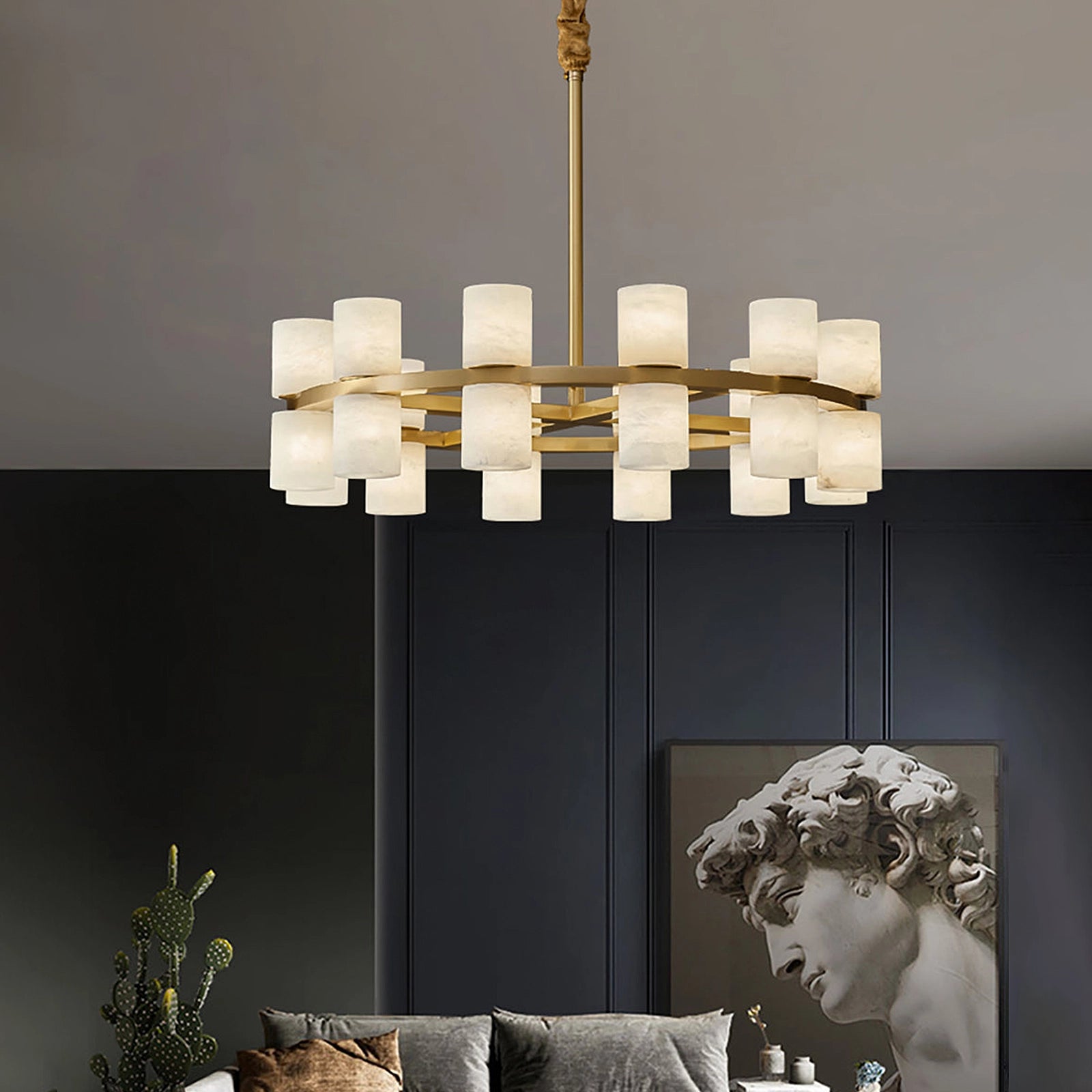 Alabaster Round Brass Chandelier