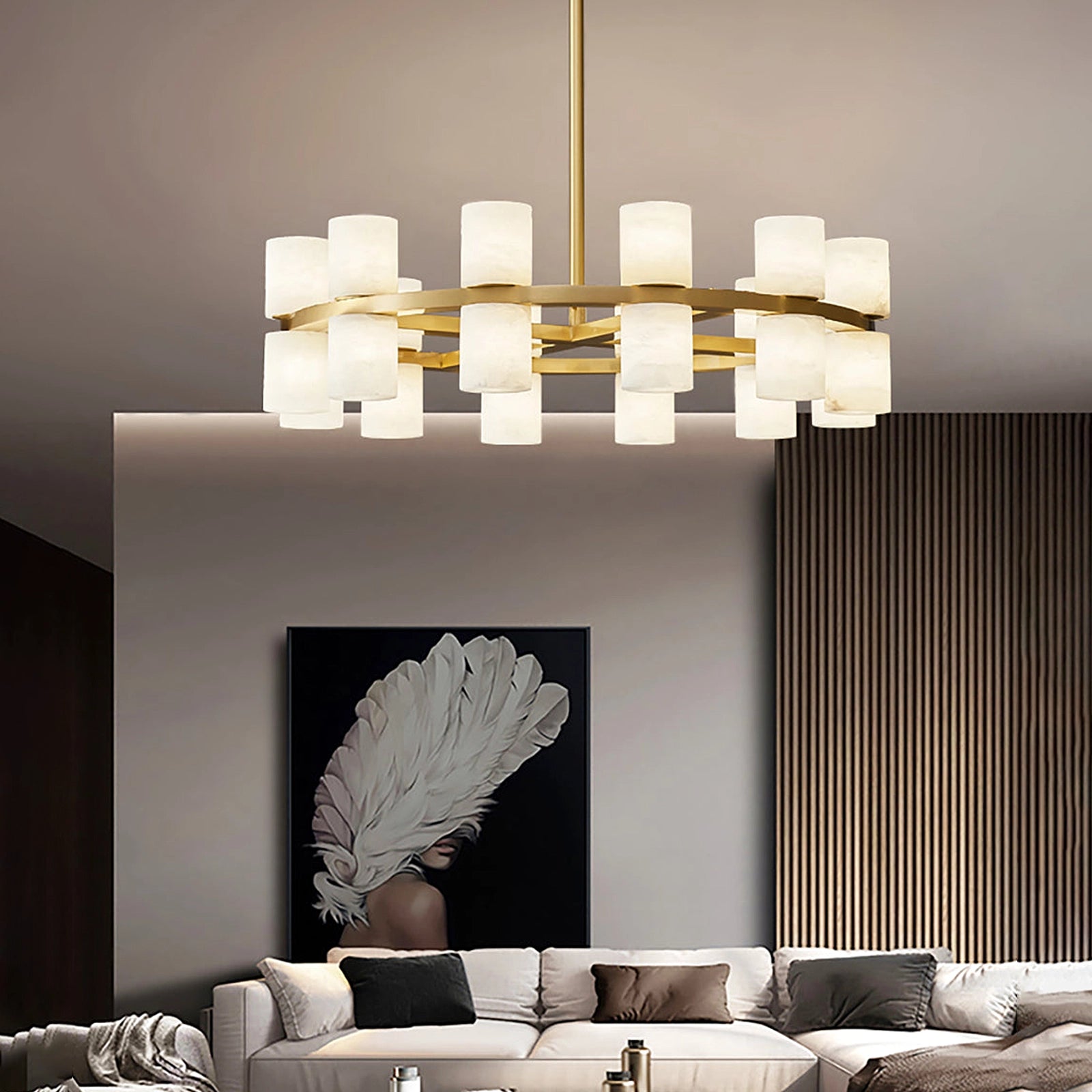 Alabaster Round Brass Chandelier