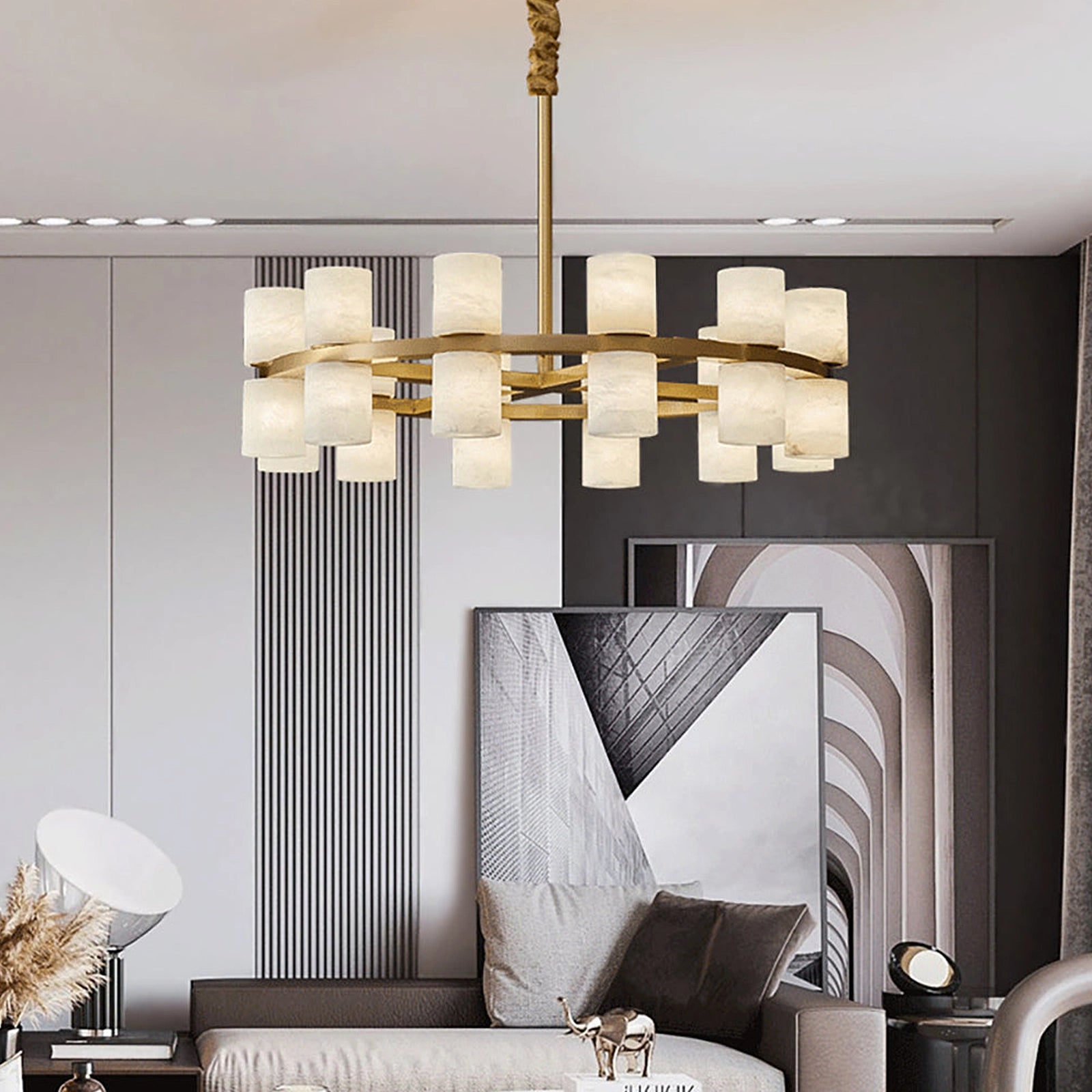 Alabaster Round Brass Chandelier