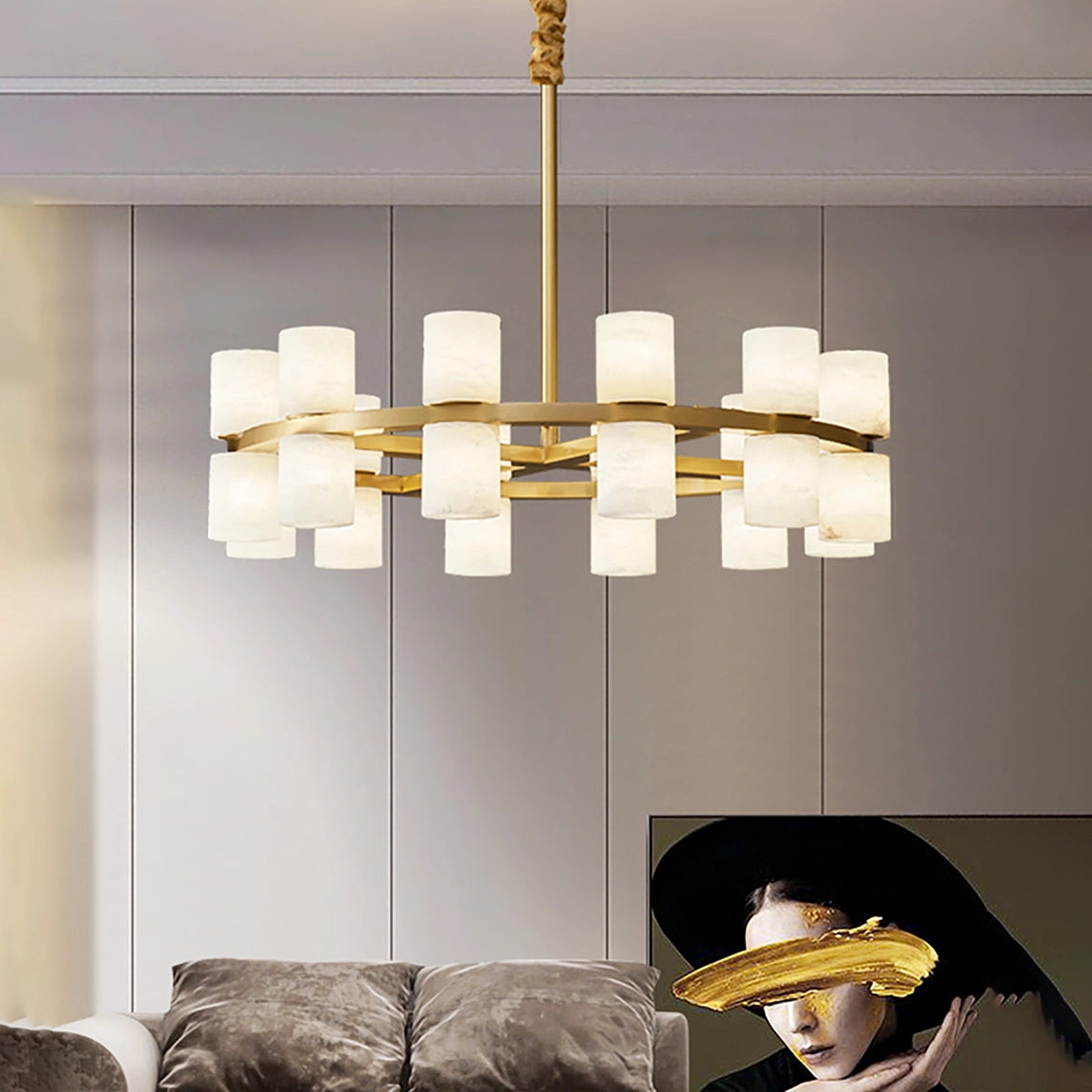 Alabaster Round Brass Chandelier