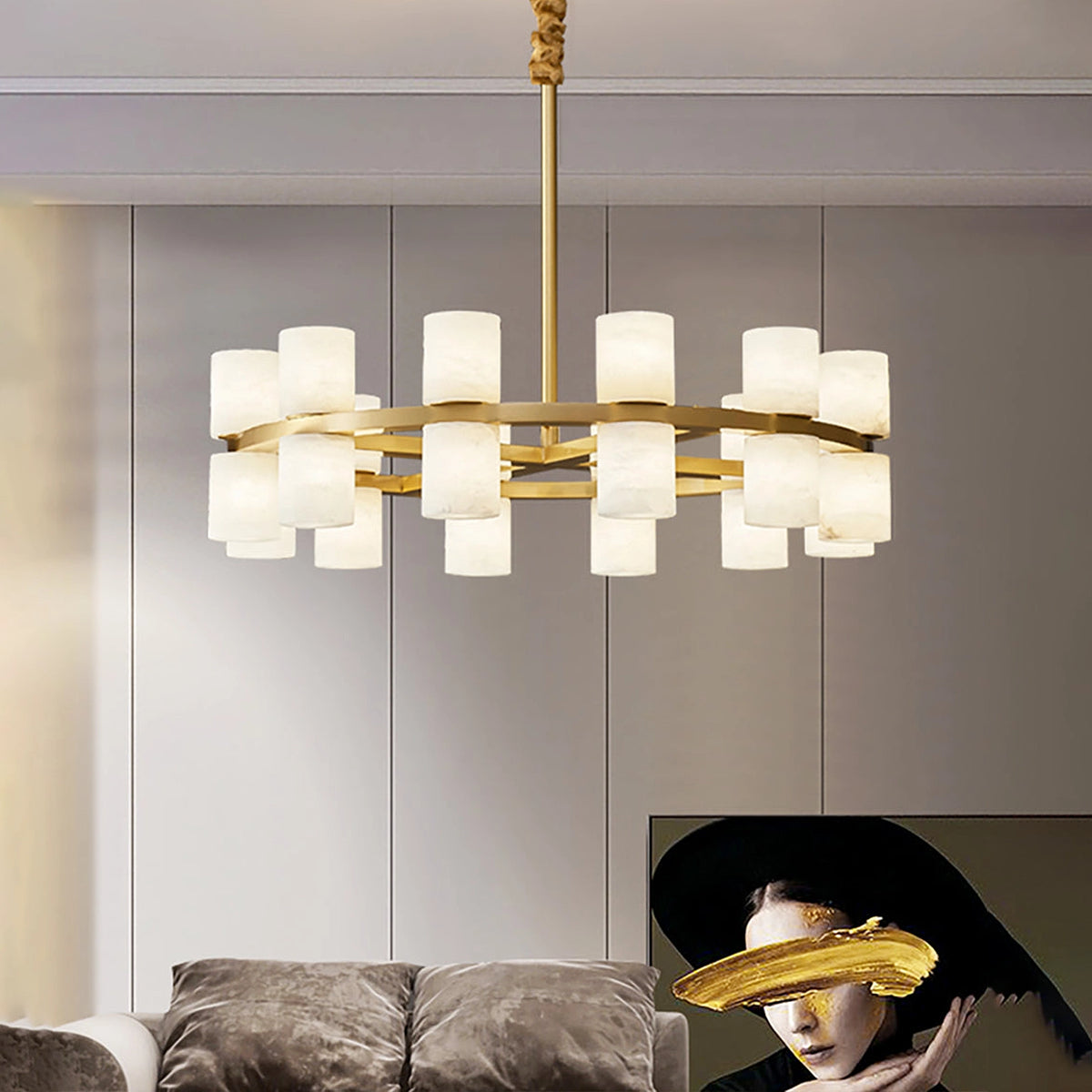 Alabaster Round Brass Chandelier - view 3 | Liootrlamp