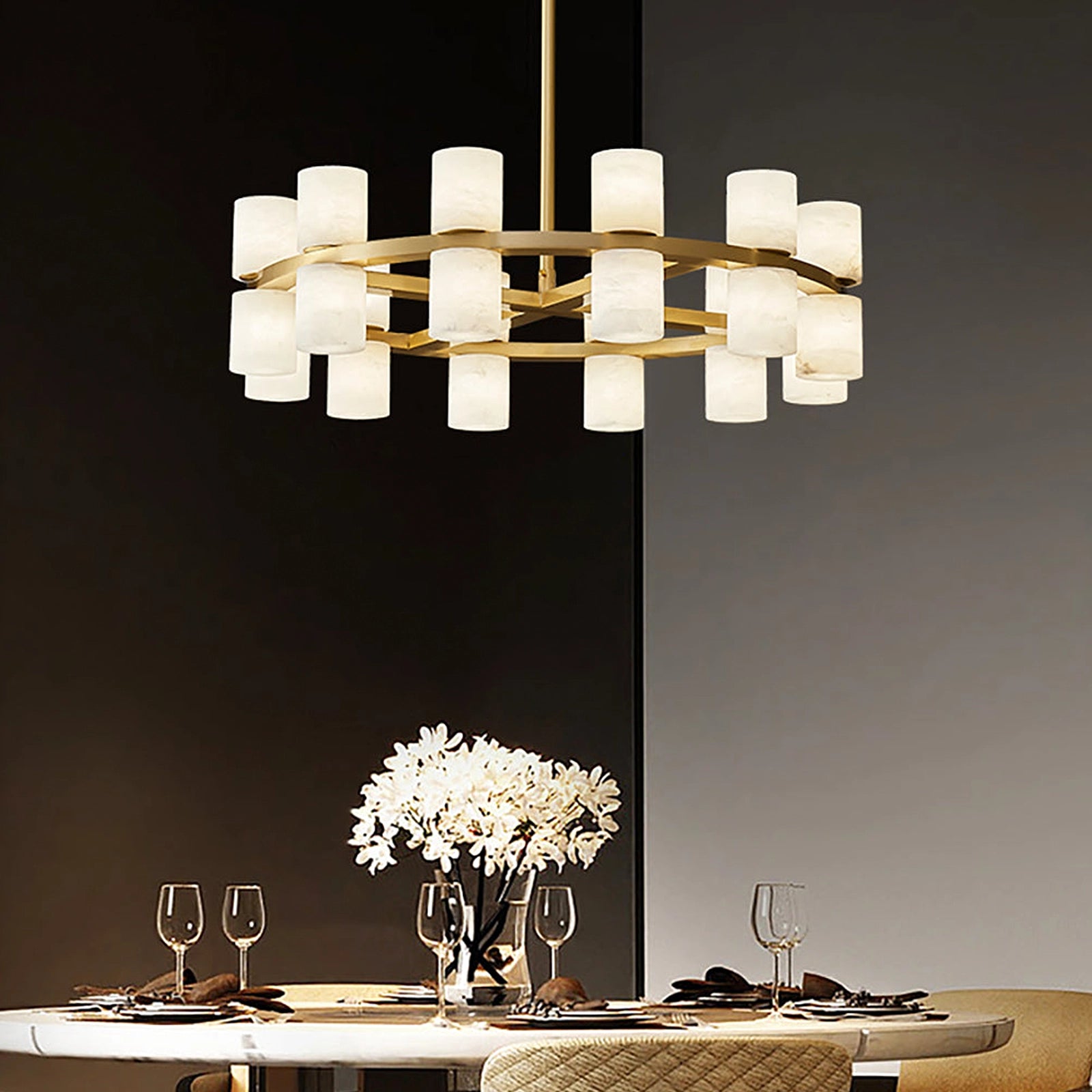 Alabaster Round Brass Chandelier