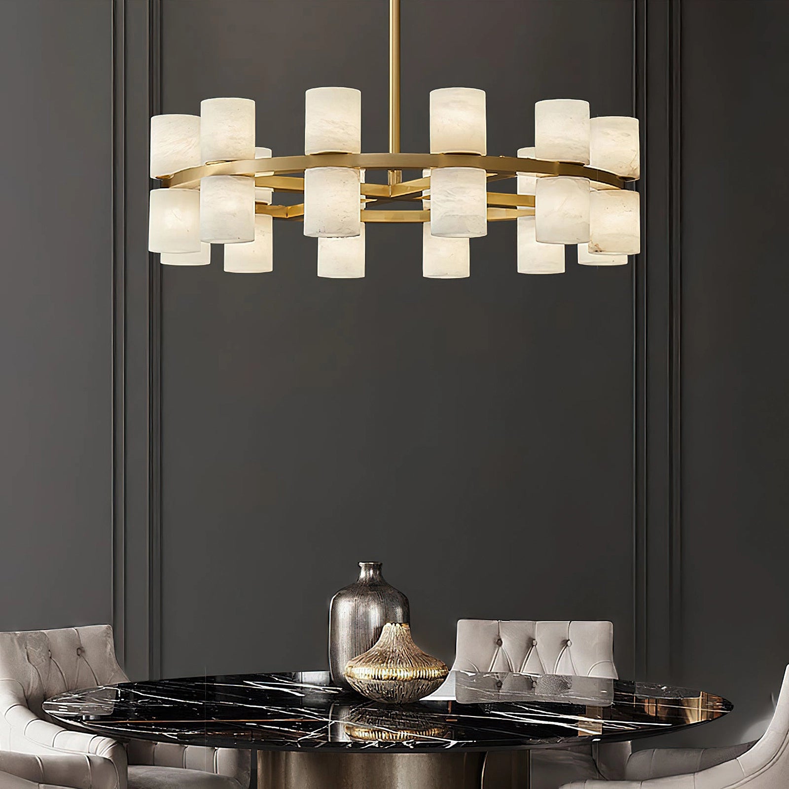 Alabaster Round Brass Chandelier