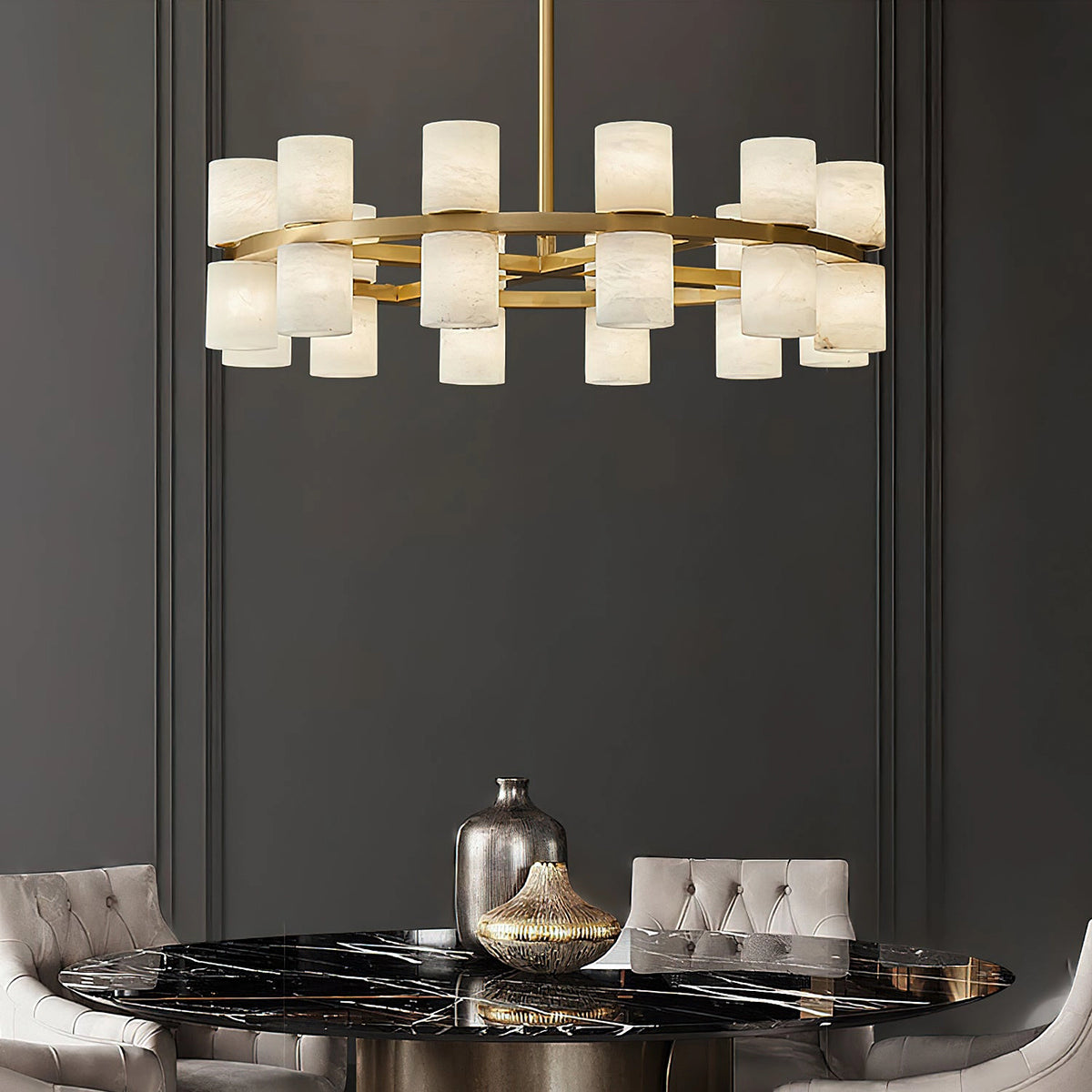 Alabaster Round Brass Chandelier - view 9 | Liootrlamp