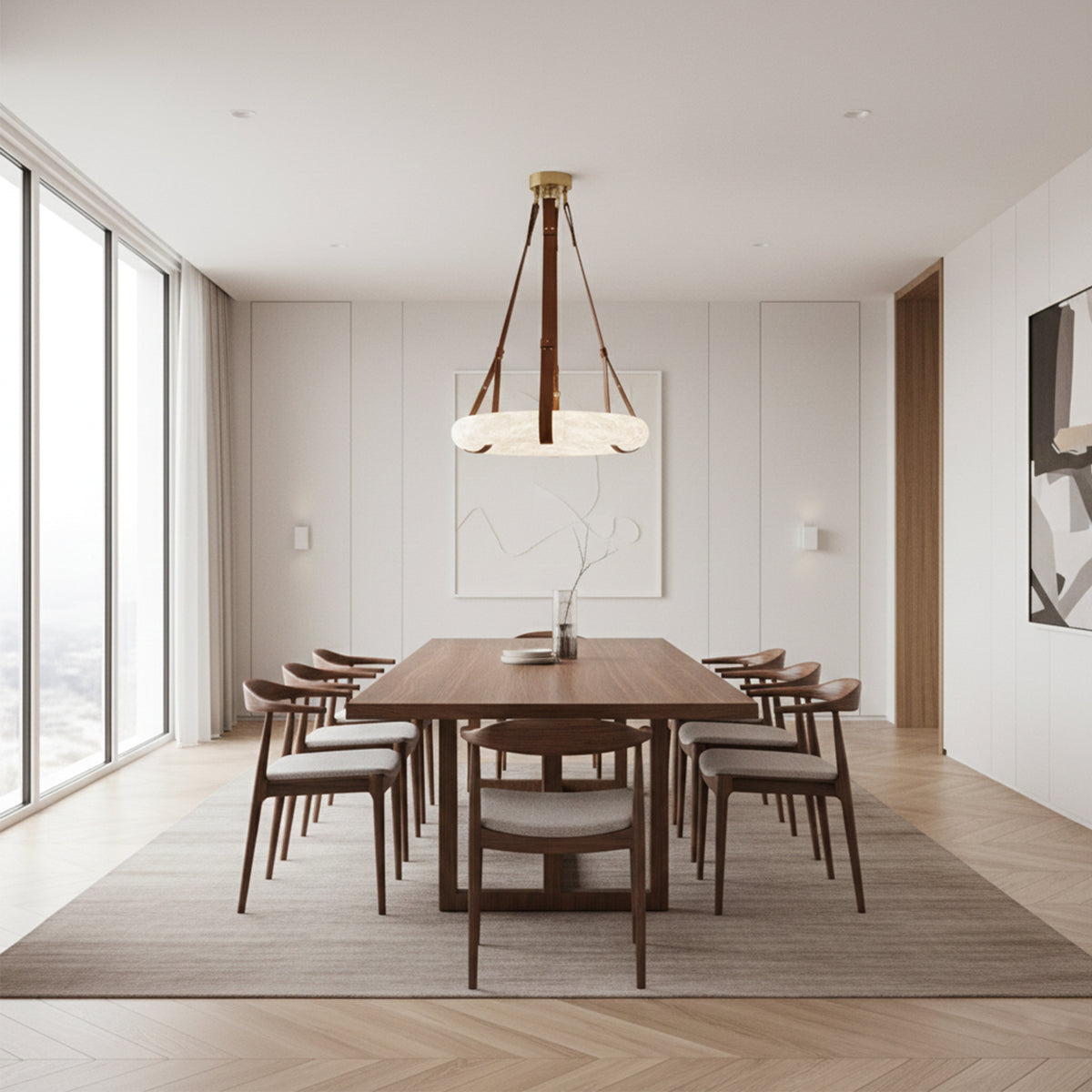 Leather Strap Alabaster Dome Pendant Light