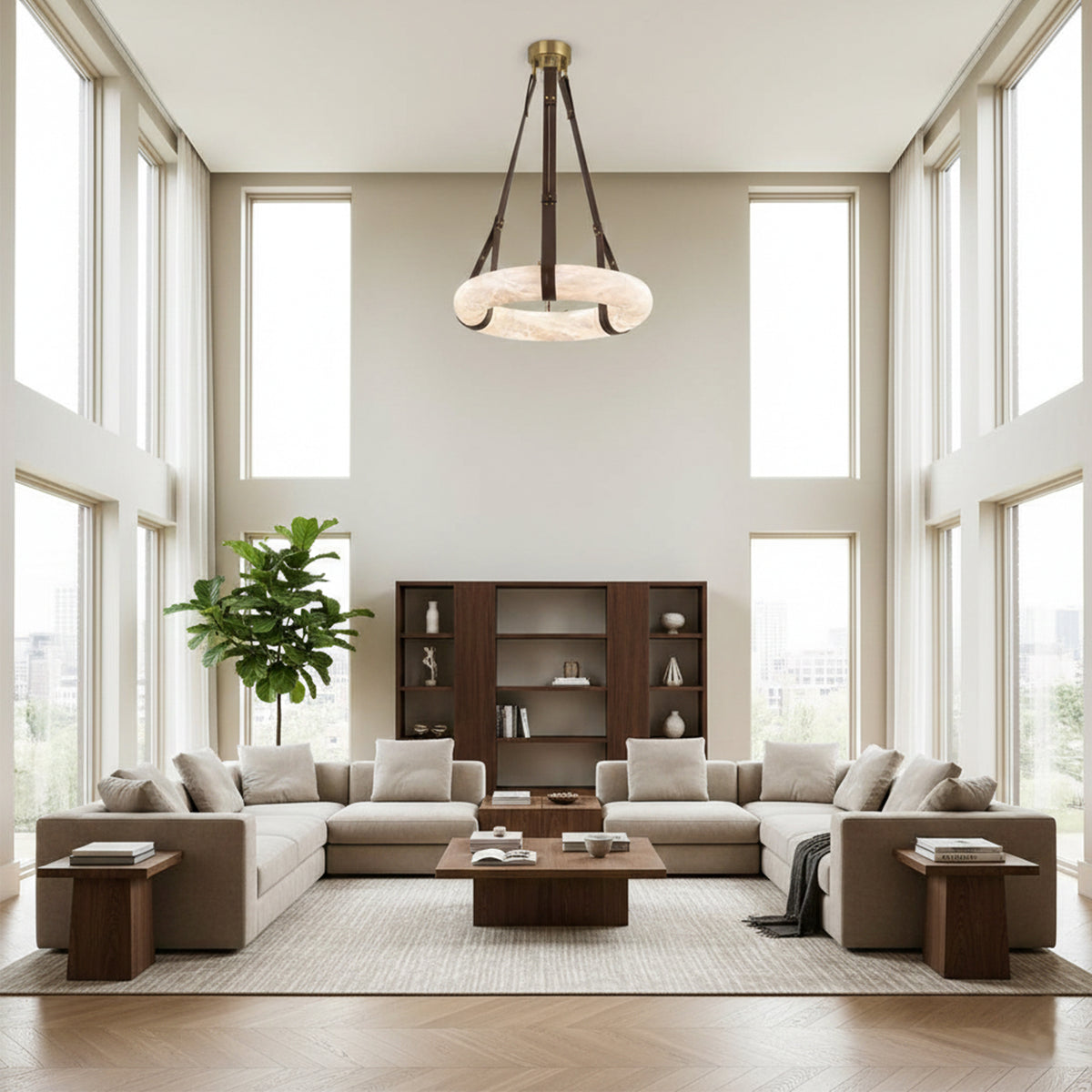 Leather Strap Alabaster Dome Pendant Light
