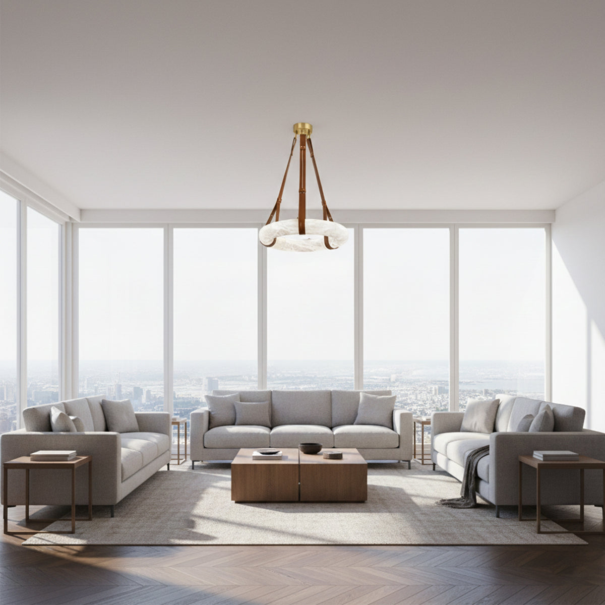 Leather Strap Alabaster Dome Pendant Light