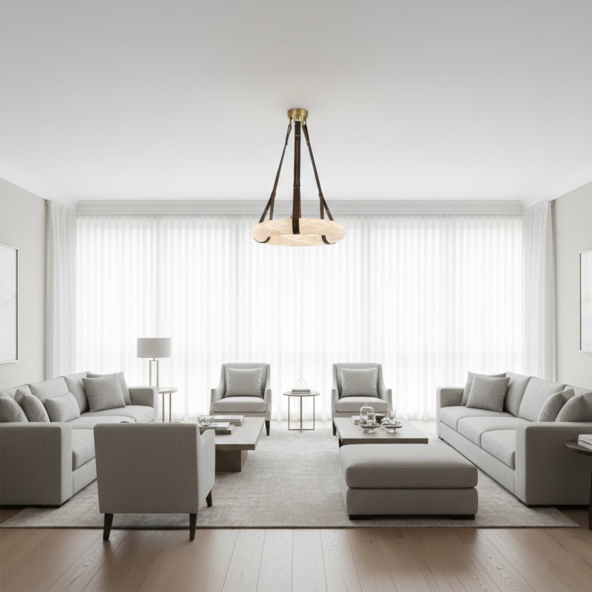 Leather Strap Alabaster Dome Pendant Light