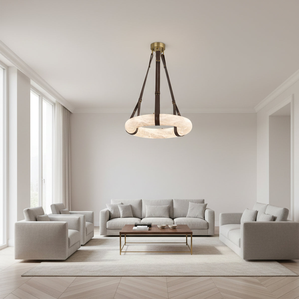Leather Strap Alabaster Dome Pendant Light