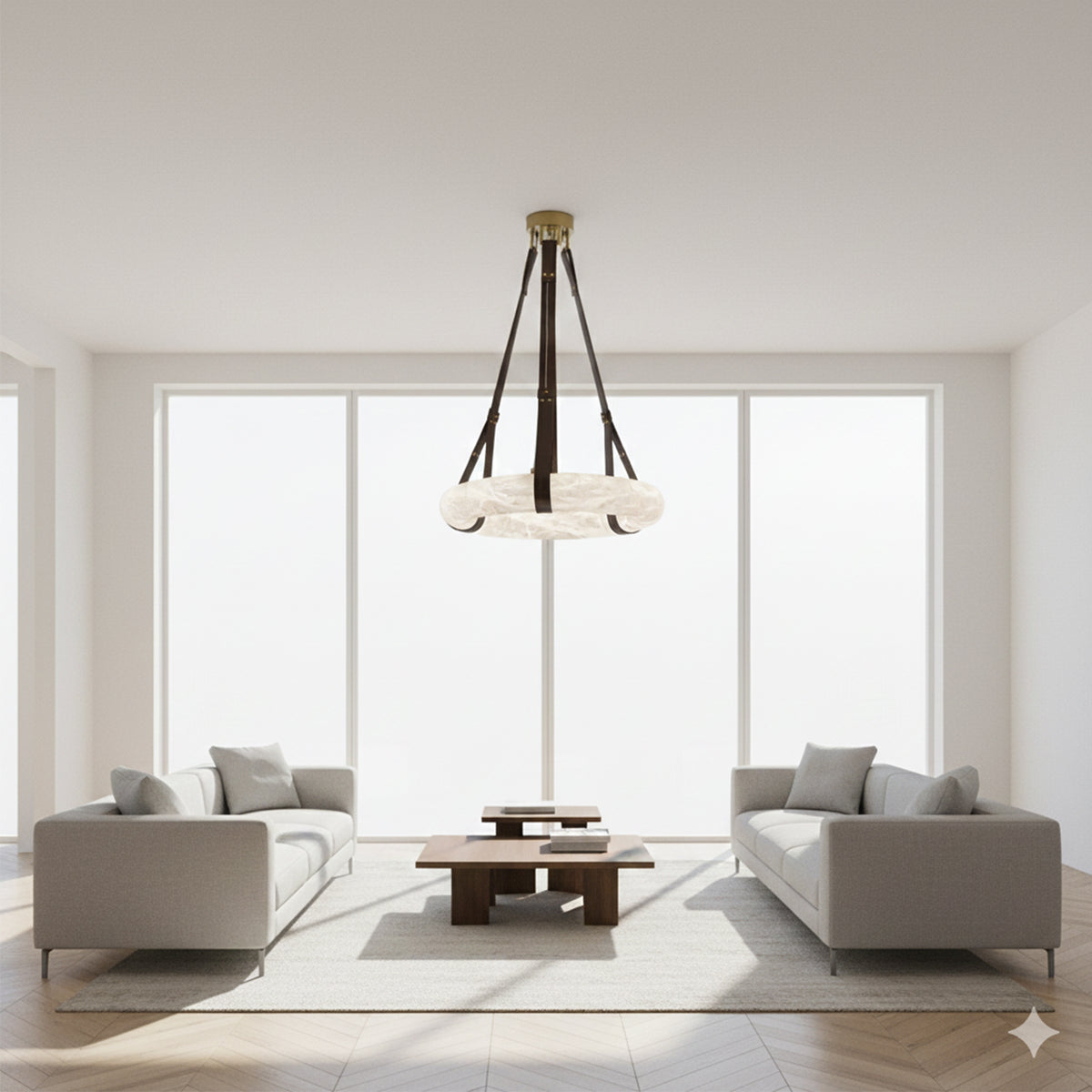 Leather Strap Alabaster Dome Pendant Light