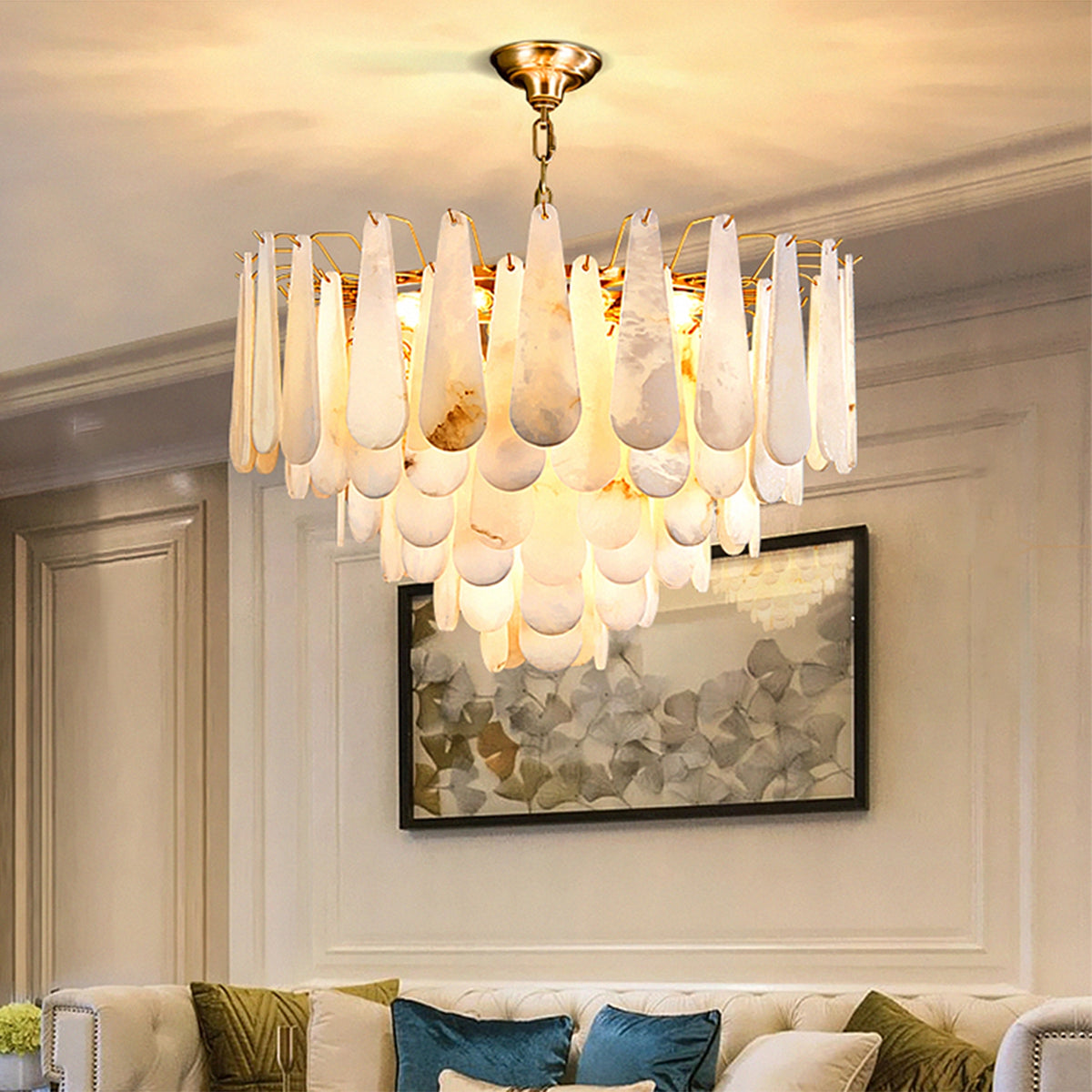 Leon Drop Shape Alabaster Chandelier - view 2 | Liootrlamp
